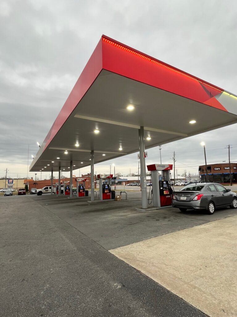 LED canopy lighting installed at a commercial gas station